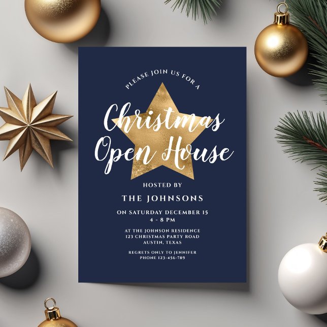 Festive Navy Blue Star Christmas Open House Invitation (Festive Navy Blue Star Christmas Open House Invitation)