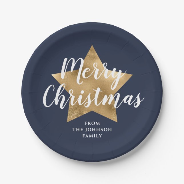 Festive Navy Blue Star Christmas Paper Plate (Front)
