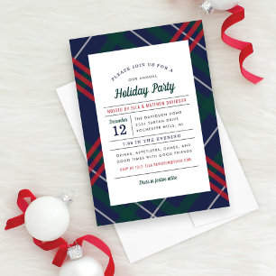Festive Navy Green Red Tartan Plaid Holiday Party Invitation