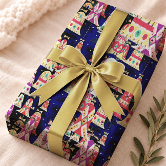 Festive Navy Vintage Retro Christmas Bells Wrapping Paper