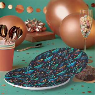 Festive Neon Black Blue Christmas Trees Pattern Paper Plate