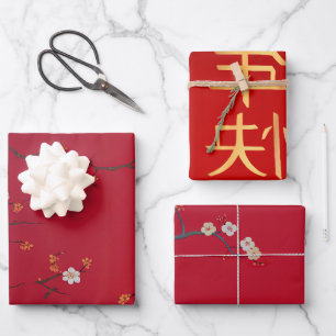 Festive New Year Emperor Red Cherry Blossom Wrapping Paper Sheet
