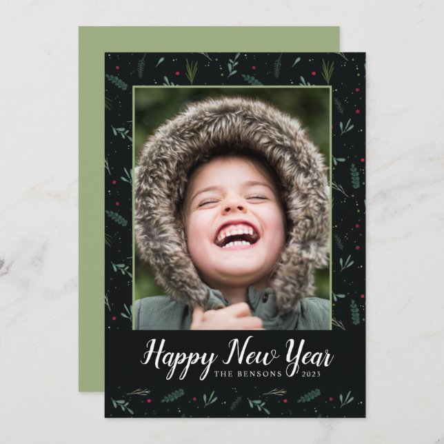 Festive New Year Leaves Berries Photo Card (Front/Back)