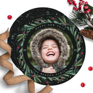 Festive New Year Wreath Leaves Berries Round Card
