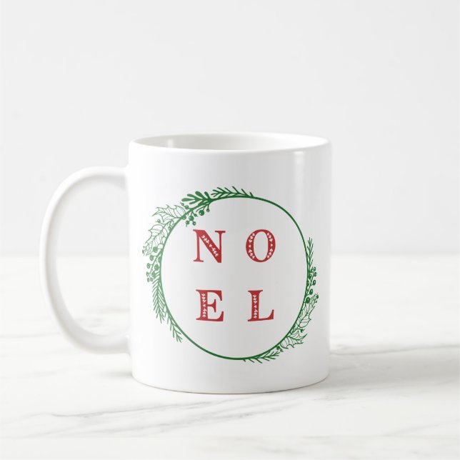 Festive Noel Red and Green Holly Wreath Coffee Mug (Left)