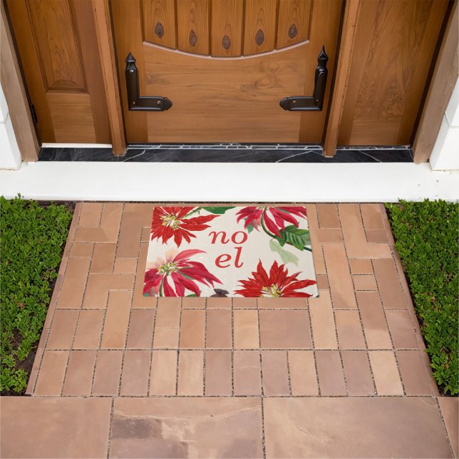 Festive Noel Watercolor Poinsettia Floral  Doormat (Outdoor)