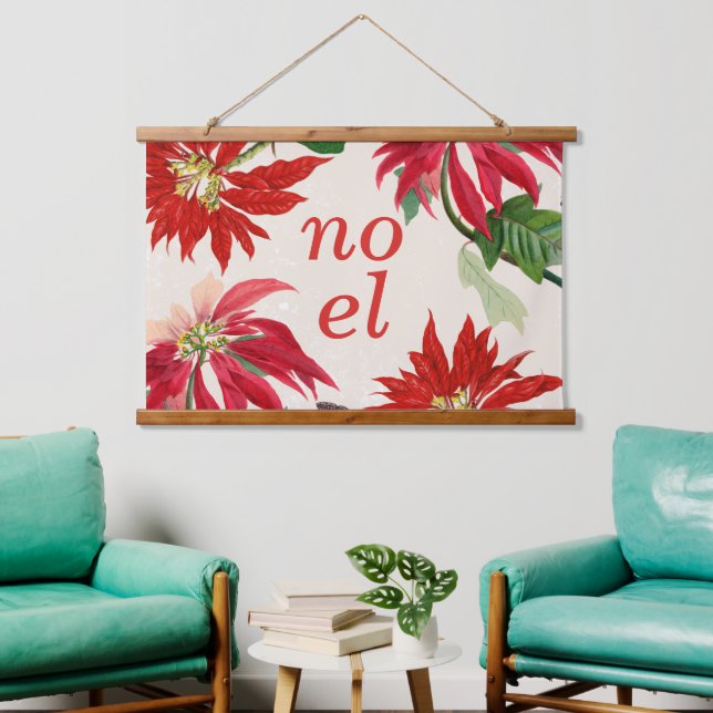 Festive Noel Watercolor Poinsettia Floral  Hanging Tapestry (Living Room)
