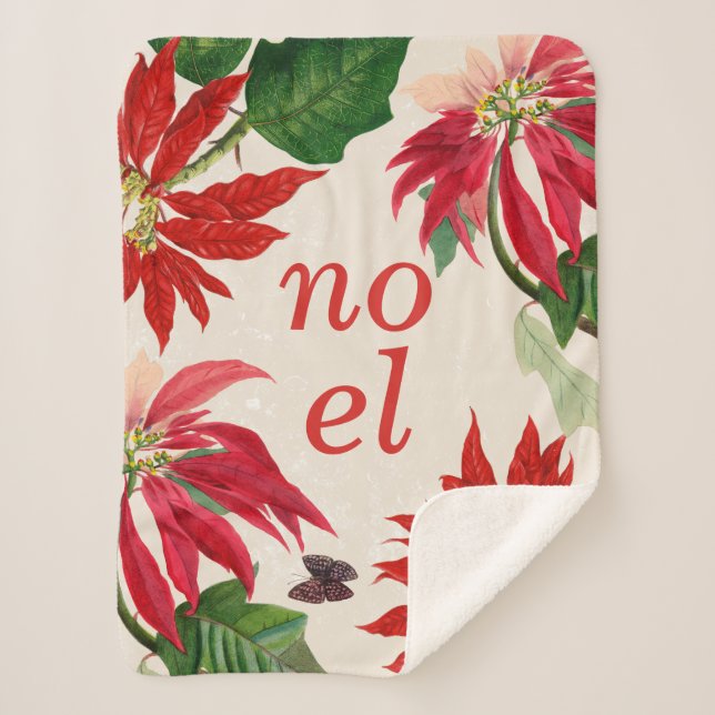 Festive Noel Watercolor Poinsettia Floral  Sherpa Blanket (Front)