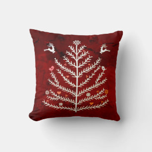 Festive Nordic Christmas Tree Deer Dark Red Cushion