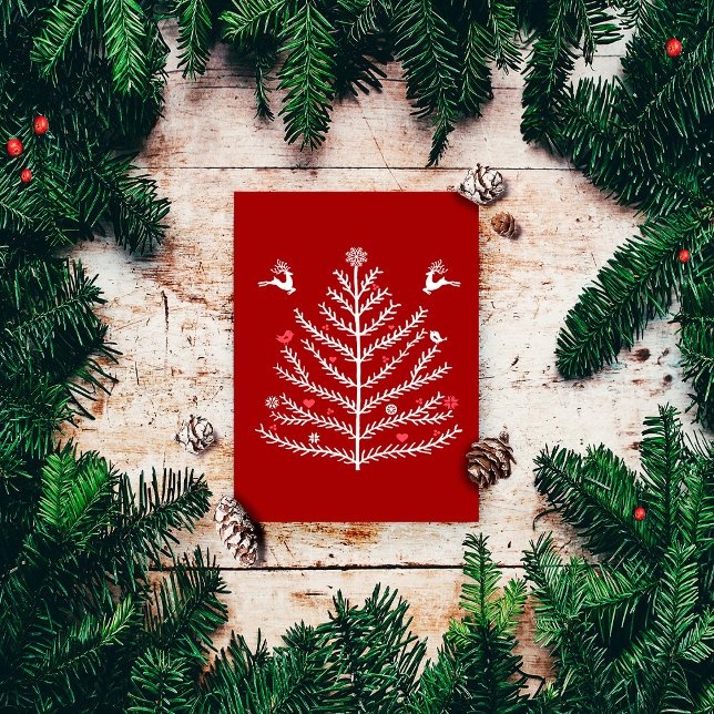Festive Nordic Christmas Tree Deer Dark Red   Holiday Postcard (Creator Uploaded)