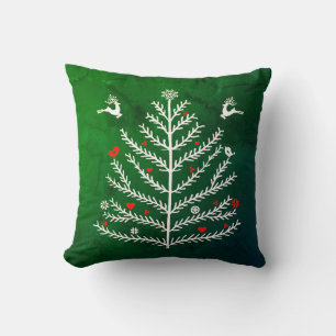 Festive Nordic Christmas Tree Deer Green Cushion