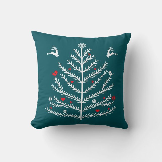 Festive Nordic Christmas Tree Deer Teal Blue Cushion (Front)