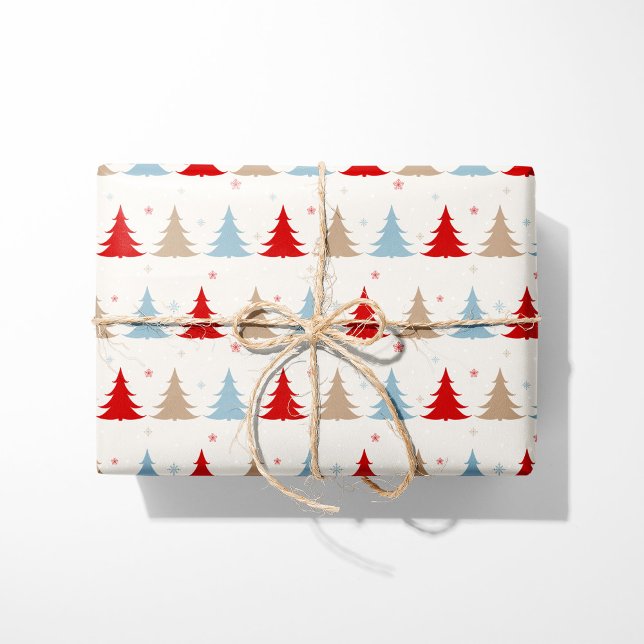 Festive Nordic Christmas Trees - Red, Blue & Beige Wrapping Paper (Creator Uploaded)
