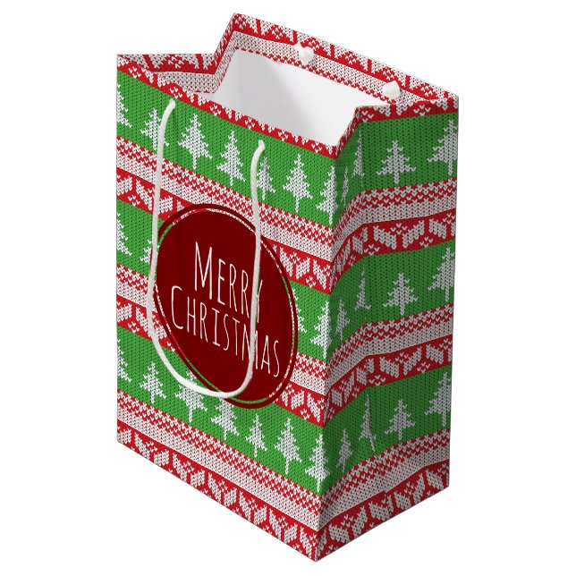 Festive Nordic Merry Christmas Sweater Style Medium Gift Bag (Front Angled)