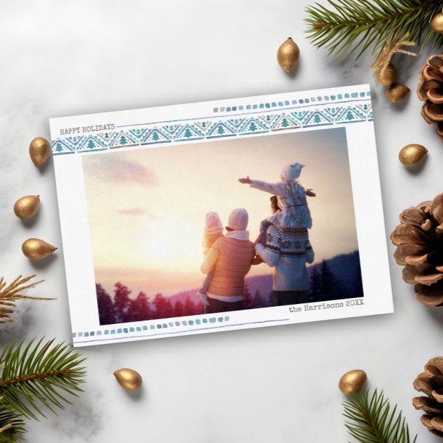 Festive Nordic Pattern Blue Photo Holiday Invitation (Creator Uploaded)