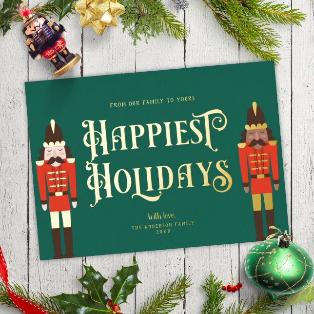 Festive Nutcracker Christmas Green Non-Photo Gold Foil Holiday Card (Creator Uploaded)