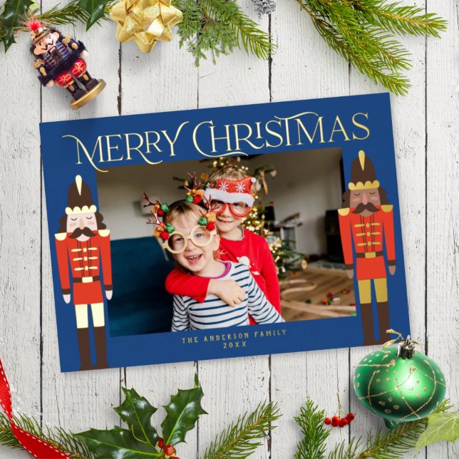 Festive Nutcracker Christmas Photo Blue Gold Foil Holiday Card (Creator Uploaded)