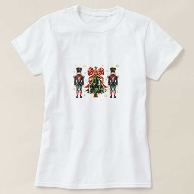 Festive Nutcrackers and Christmas Tree Design T-Shirt (Design Front)