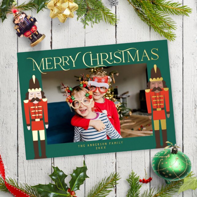Festive Nutcrackers Christmas Frame Photo Foil Holiday Card (Creator Uploaded)