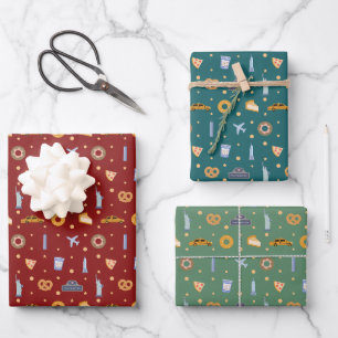 Festive NYC Icon Pattern Christmas Red Green Wrapping Paper Sheet