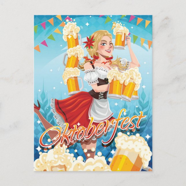 Festive Oktoberfest Maid in Red with Beers Postcard (Front)