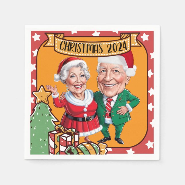 Festive Orange and Red Custom Caricature Design  Napkin (Front)
