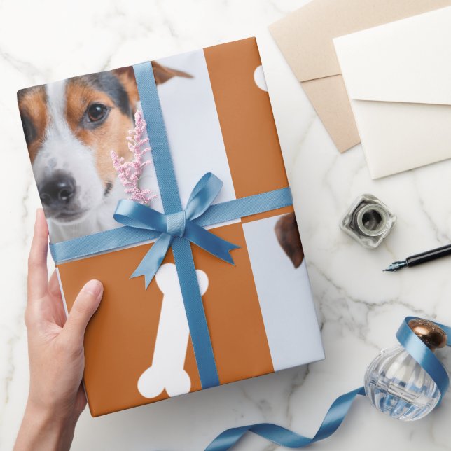 Festive Orange Dog Bones Photo Collage Christmas Wrapping Paper (Gifting)