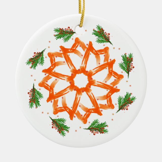 Festive Orange Floral Ceramic Tree Decoration (Front)