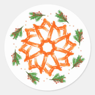 Festive Orange Floral Christmas Classic Round Sticker