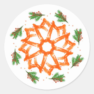 Festive Orange Floral Christmas Classic Round Sticker