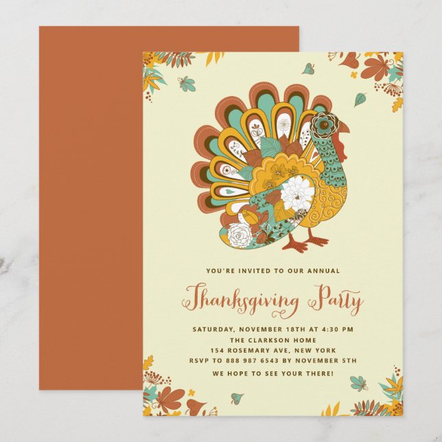 Festive Orange Floral Turkey Thanksgiving Party Invitation (Front/Back)