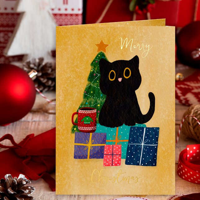Festive Orange Gold Christmas Black Cat Coffee Foil Holiday Card (Creator Uploaded)