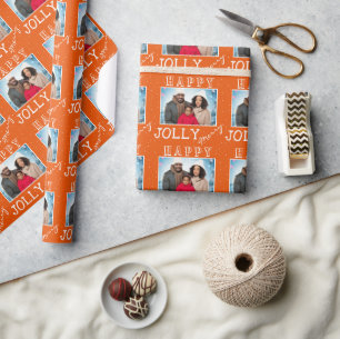 Festive Orange Jolly Merry Christmas Family Photo Wrapping Paper