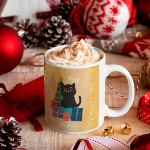 Festive Orange Merry Christmas Black Cat Coffee Coffee Mug