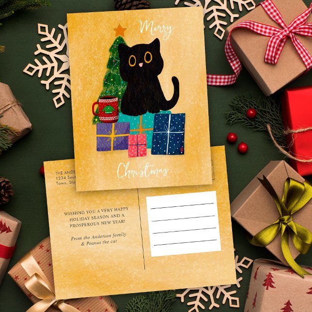 Festive Orange Merry Christmas Black Cat Coffee Holiday Postcard (Creator Uploaded)