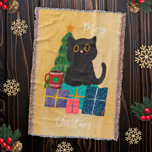 Festive Orange Merry Christmas Cute Cat Coffee Art Throw Blanket