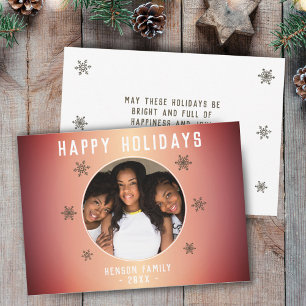 Festive Orange Metallic Snowflake Photo Christmas  Holiday Card