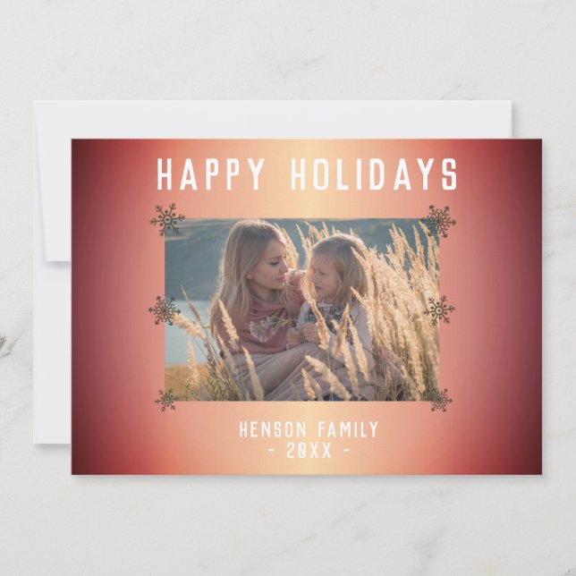 Festive Orange Metallic Snowflake Photo Christmas  Holiday Card (Front)