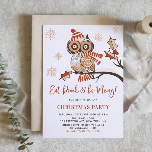 Festive Orange Owl Botanical Christmas Party Invitation (Creator Uploaded)