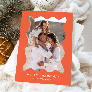 Festive Orange Retro Photo Frame Merry Christmas Holiday Card