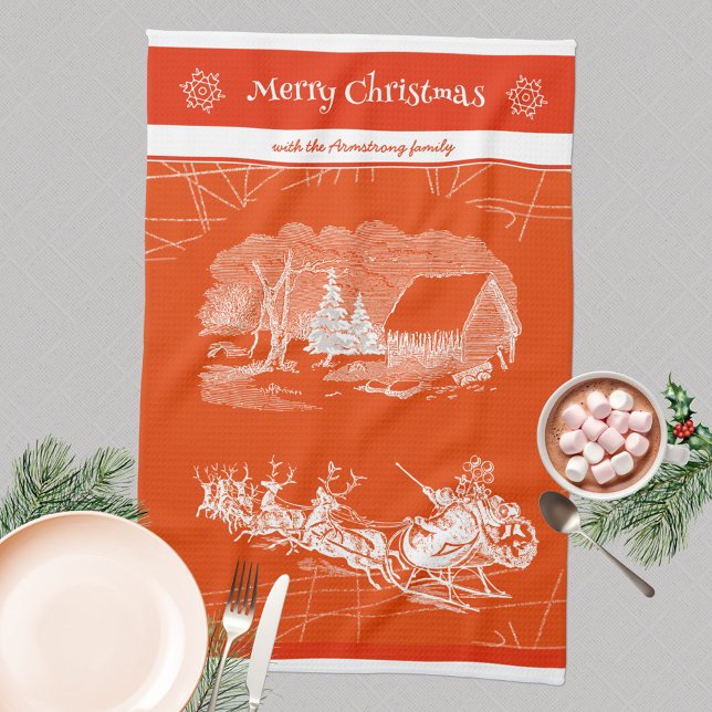 Festive Orange Santa Claus Modern Tea Towel (Merry Christmas 🎅🏻 Santa Sleigh Reindeers Orange Kitchen Towel ©Susanne Sachers - Sunny Mind Desig)