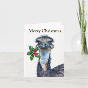 Festive Ostrich Holly Red Berries Merry Christmas Holiday Card
