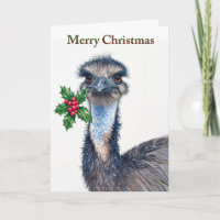 Festive Ostrich Holly Red Berries Merry Christmas