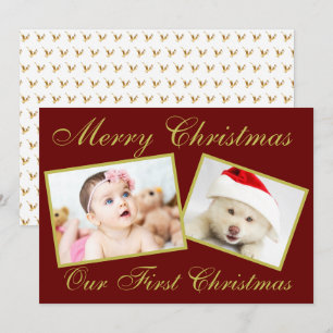 Festive Our First Christmas Gold 2 Photos Holiday Card
