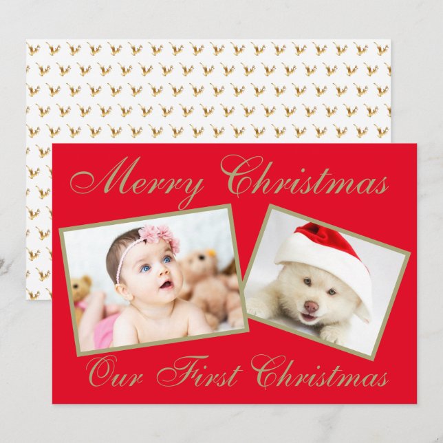Festive Our First Christmas Gold 2 Photos Holiday Card (Front/Back)