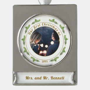 Festive Our First Christmas Script Photo Silver Plated Banner Ornament