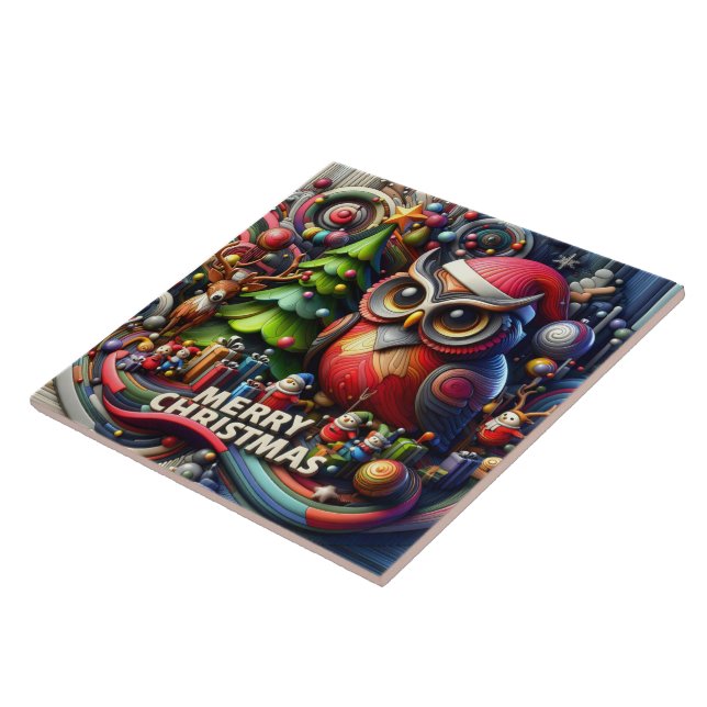 Festive owl and friends celebrate Christmas joy Tile (Side)