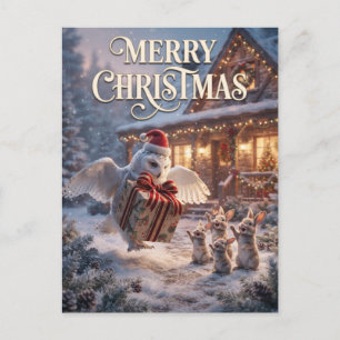 Festive Owl Delivering Gift to Bunnies Postcard