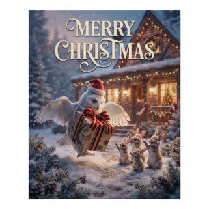 Festive Owl Delivering Gift to Bunnies Poster