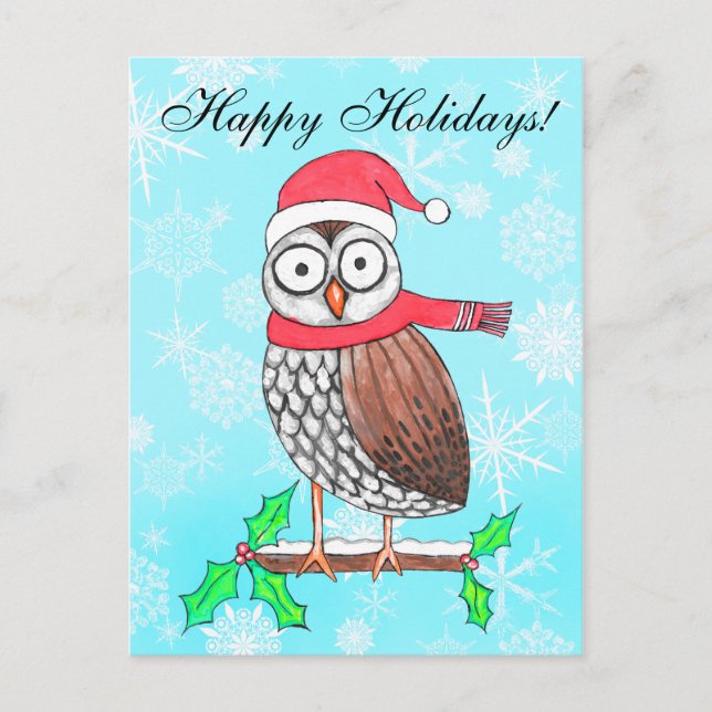 Festive Owl Holiday Greeting Postcard (Front)